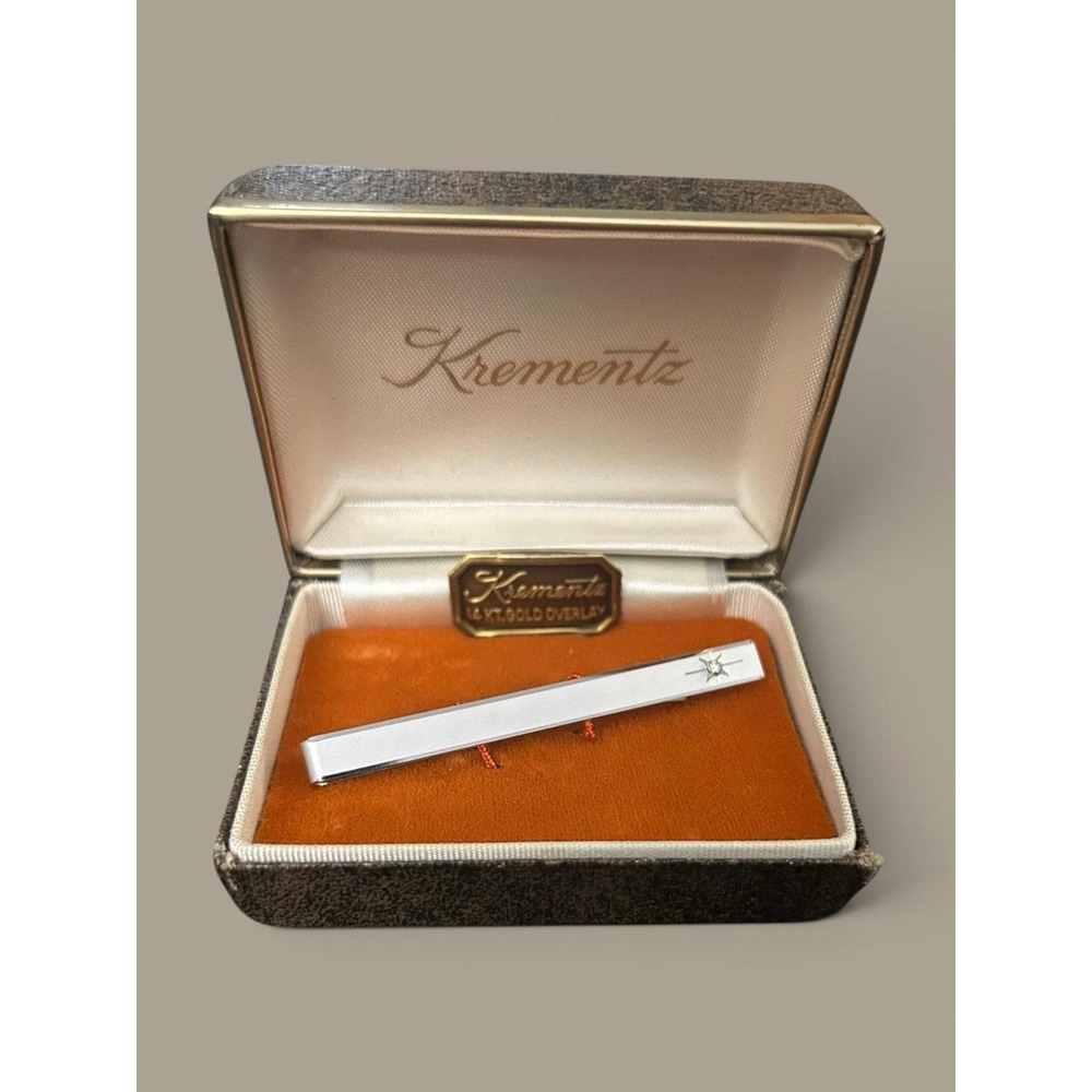 Krementz Vintage Tie Clip Signed Silver Tone Box & Original Insert Rhinestone